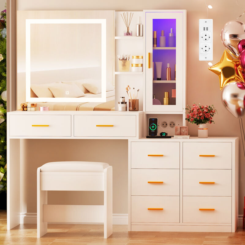 Coiffeuse avec Miroir et Tabouret, 2 Prises et Port USB, LED Réglable, 8 Tiroirs de Rangement, 1 Porte, Blanc