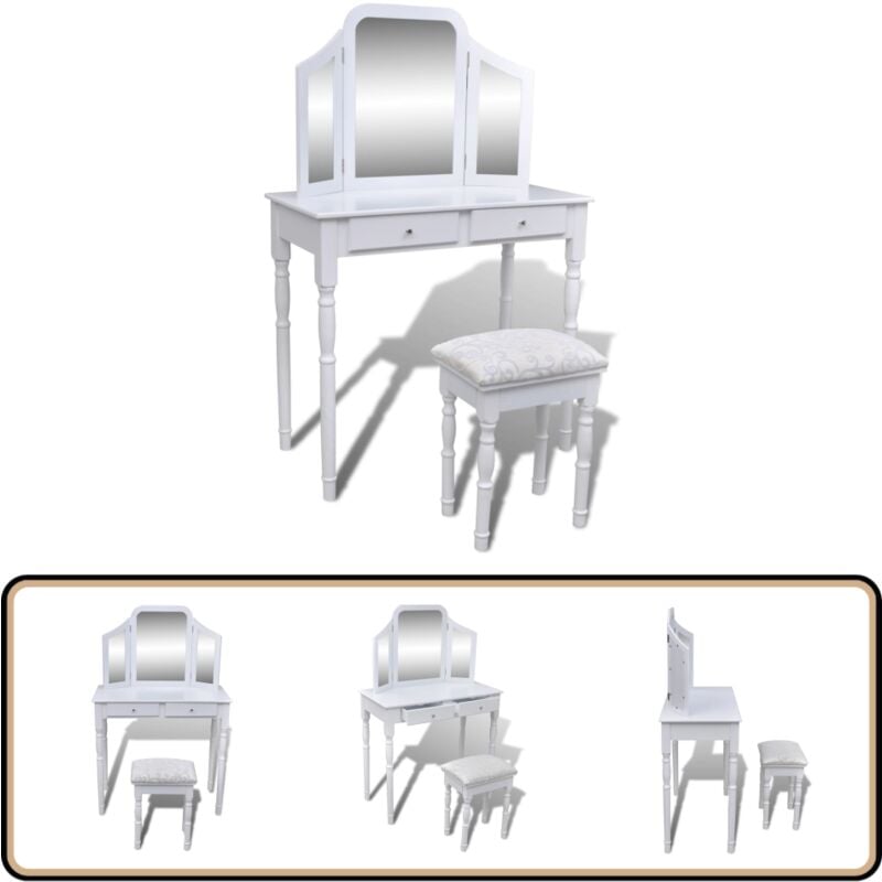 Vidaxl - Coiffeuse avec miroir et tabouret 2 tiroirs Blanc - Table De Maquillage - Coiffeuse Victorianne - Meuble Salle De Bain - Vanity - Dressing