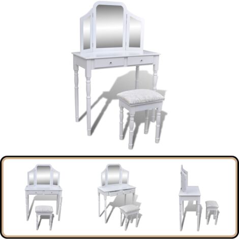 Coiffeuse avec miroir et tabouret 2 tiroirs Blanc - Table De Maquillage - Coiffeuse Victorianne - Meuble Salle De Bain - Vanity - Dressing Table