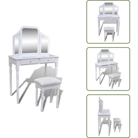 Coiffeuse avec miroir et tabouret 2 tiroirs Blanc - Table De Maquillage - Coiffeuse Victorianne - Meuble Salle De Bain - Vanity - Dressing Table