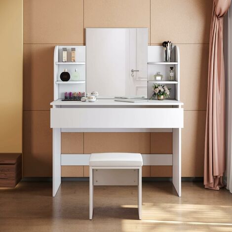 Coiffeuse avec miroir et tabouret Blanc moderne avec 4 compartiments de rangement - 108 x 40 x 140 cm