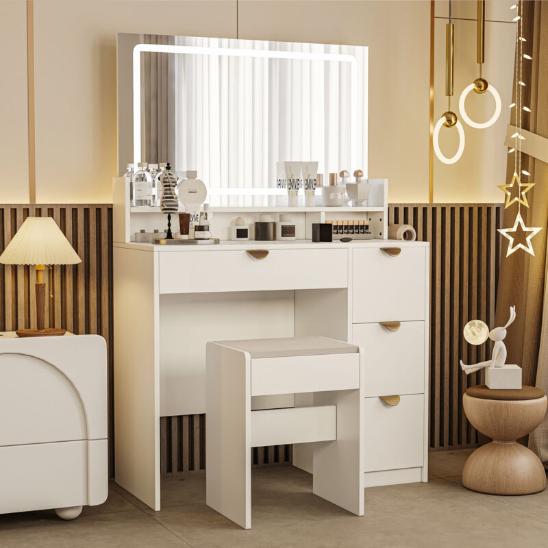 Coiffeuse avec Miroir et Tabouret , Coiffeuse avec Miroir LED, Design Moderne avec LED Trois Couleurs et Ports USB pour un Maquillage Parfait