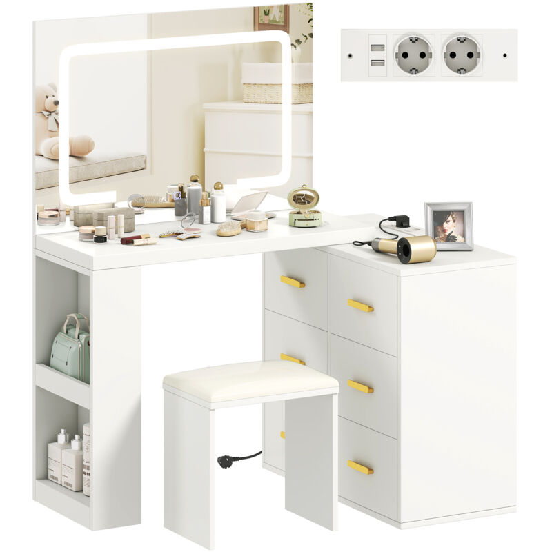 Coiffeuse avec miroir et tabouret - HOMCOM - éclairage LED réglable, 2 USB ports et 2 prises, 6 tiroirs - MDF - 118x78x135cm - blanc