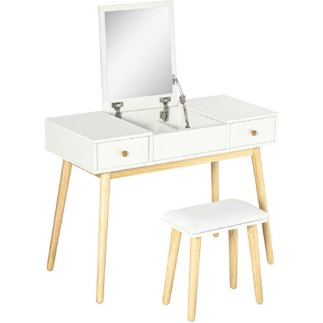 Coiffeuse avec miroir et tabouret INDIRA blanche et bois