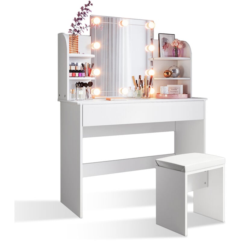 Sirhona - Coiffeuse avec Miroir et Tabouret led 1 Tiroir, 4 Compartiments de Rangement Miroir - 108x40x140cm - Coiffeuse avec 10 Ampoules led