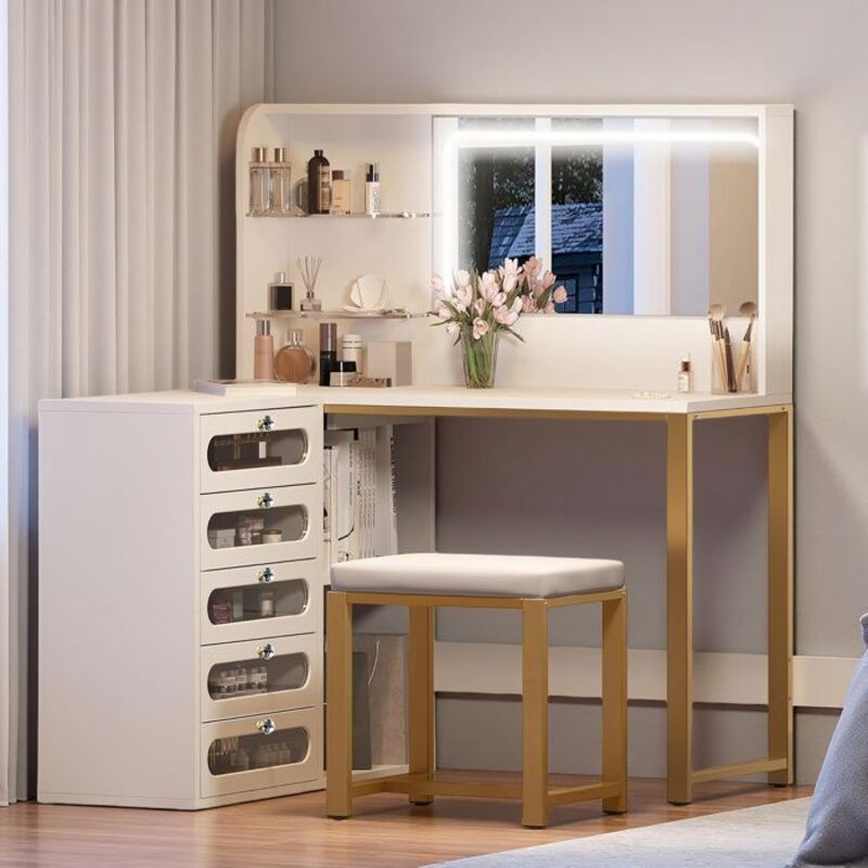 Coiffeuse avec miroir et tabouret, LED, 5 tiroirs, 2 compartiments, 2 étagères, 120 x 80 x 135 cm, style moderne, Blanc et Or