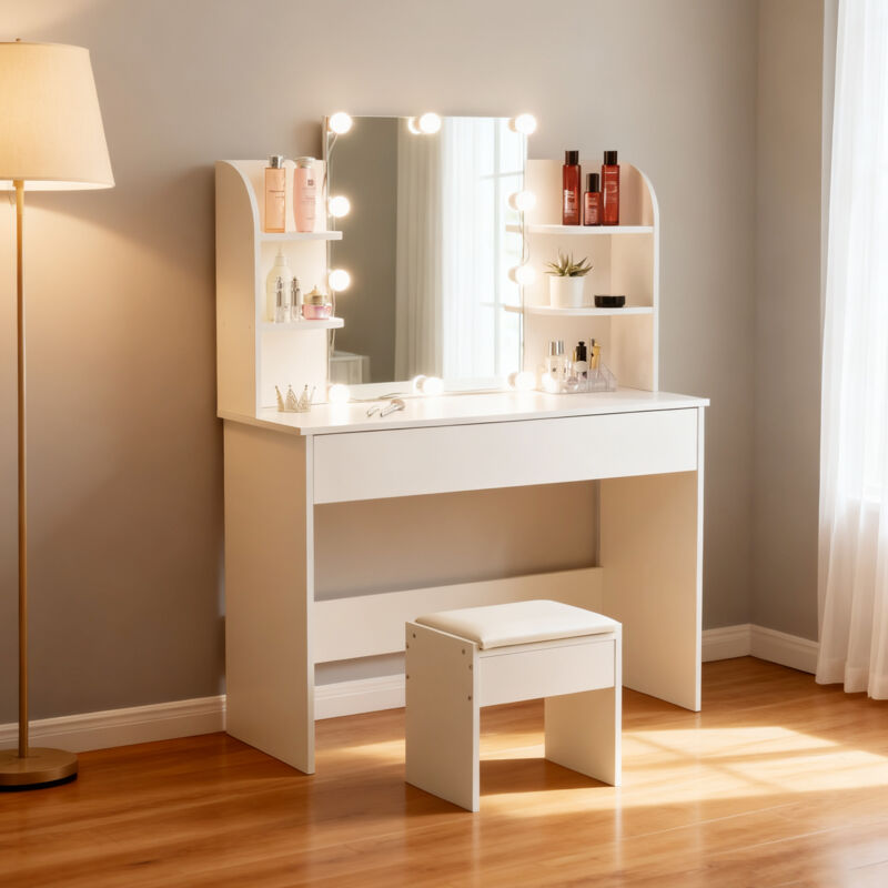 Coiffeuse Moderne avec Miroir et Tabouret LED Tricolores 6 Etagères rangement Table de maquillage avec 10 Ampoules LED 105x40x130cm Blanc