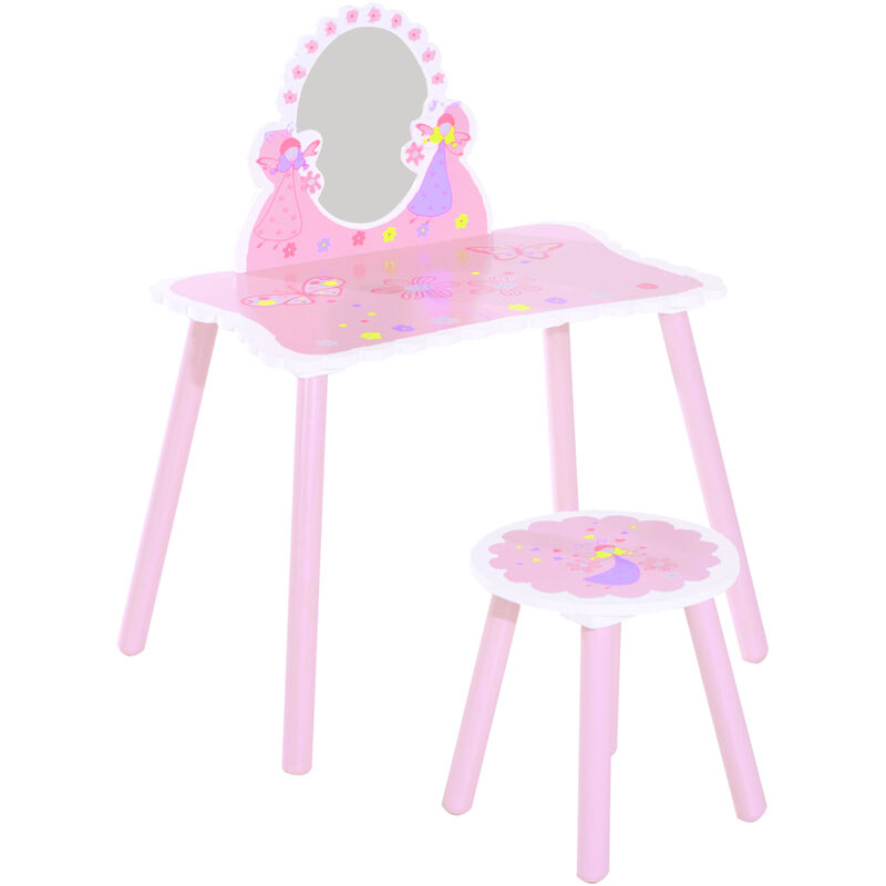 Coiffeuse enfant - tabouret inclus - table de maquillage dim. 59L x 39l x 77H cm - motifs fées, papillons, fleurs - bois de pin, mdf - rose blanc