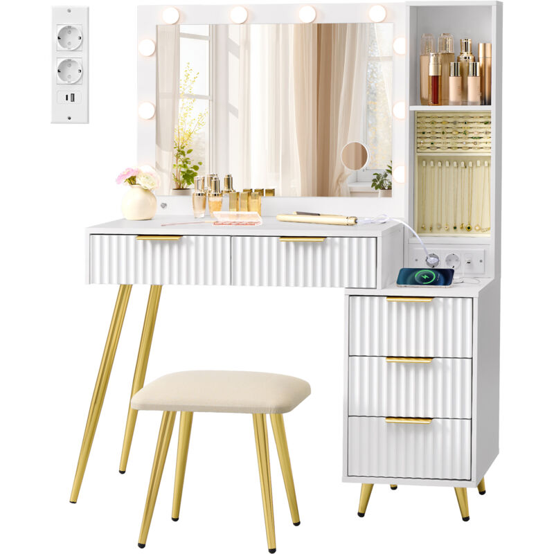 Vasagle – Coiffeuse avec miroir et tabouret – Éclairage LED – Loupe 10x – Plateau à bijoux amovible – Dimensions 40 x 110 x 135 cm – Blanc nuage