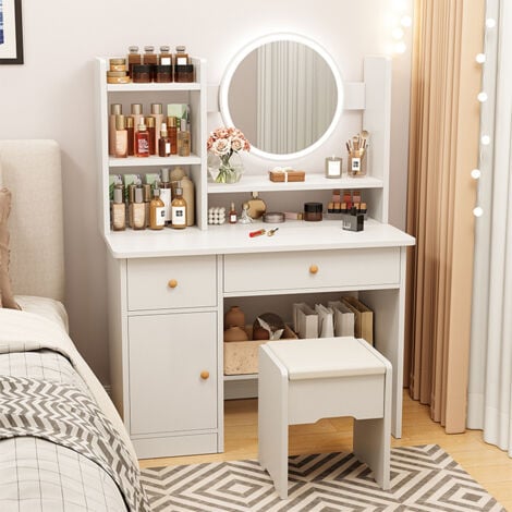 Coiffeuse avec Miroir et Tabouret, Table de Maquillage Moderne avec Poignées, Coiffeuse avec 3 Tiroirs et 3 Étagères, 34 x 80 x 125cm, Blanc