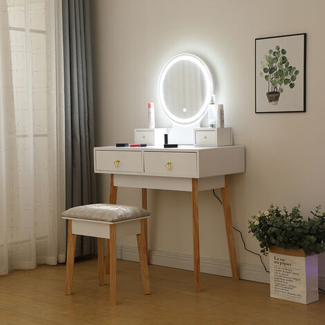 Coiffeuse avec Miroir LED 2 couleurs - Table de Maquillage avec 4 Tiroirs, Miroir et Tabouret - 80 x 40 x 130 cm