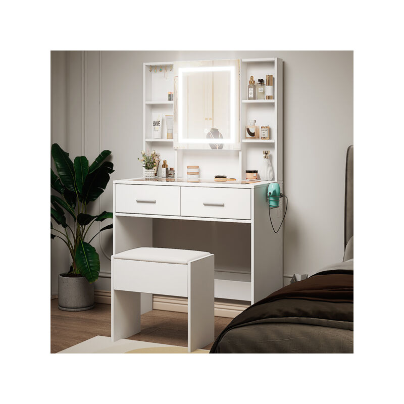 Hoerfuriy - Coiffeuse avec Miroir led, 2 Tiroirs, Étagères de Rangement, Style Moderne, Blanc,avec Tabouret