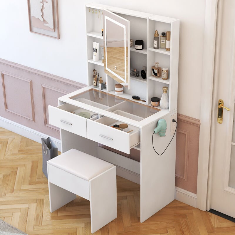 Coiffeuse avec Miroir led, 2 Tiroirs, Étagères de Rangement, Style Moderne, Blanc,avec Tabouret