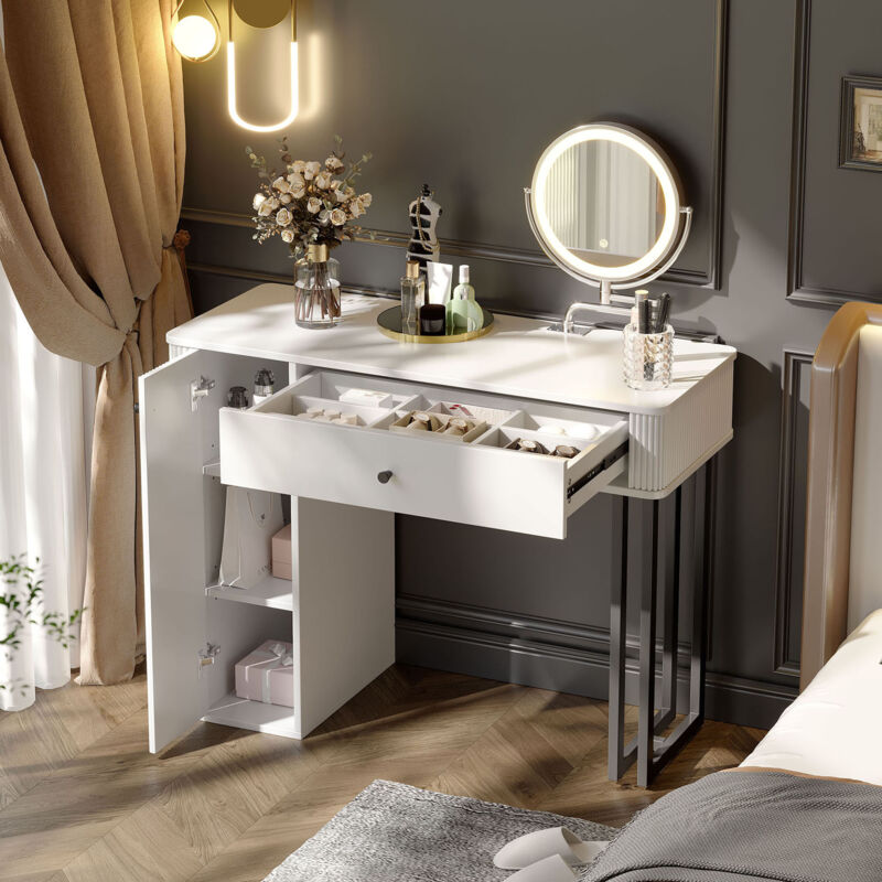 Coiffeuse avec miroir LED - 3 couleurs réglables, 1 tiroir, meuble de rangement 1 porte, pieds en métal noir, 100×40×116 cm, blanc