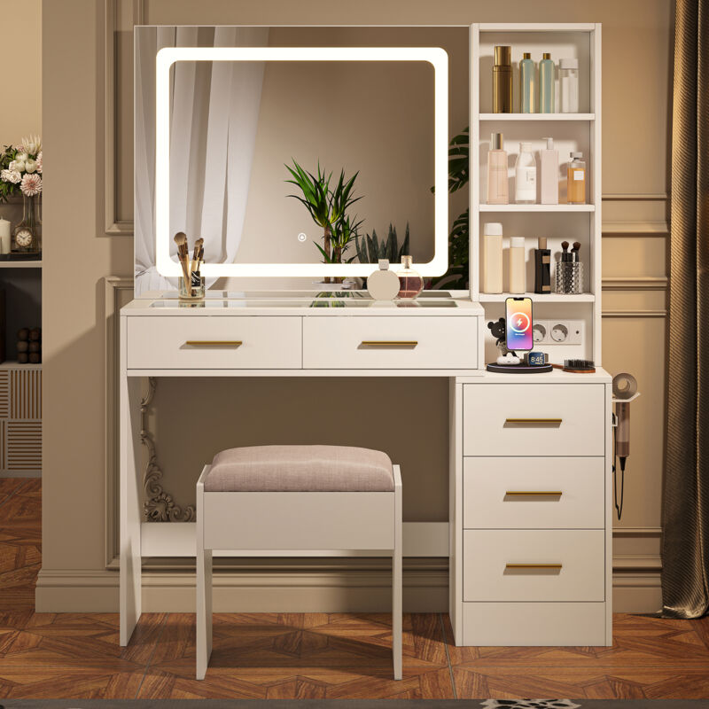 Coiffeuse avec Miroir LED 3 Températures, Table de Maquillage Moderne avec 5 tiroirs & étagères ouvertes, avec Prises et USB, Table avec plateau en