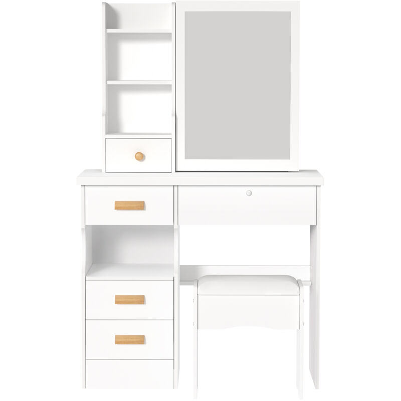 Flasidu - Coiffeuse avec miroir led, 5 tiroirs et table de maquillage à 4 niveaux, blanche, 80x40x135 cm.