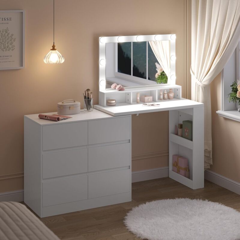 Woltu - Coiffeuse avec Miroir led à Luminosité Réglable Table de Maquillage avec Commode à 6 Grands Tiroirs, Étagère Latérale à 2 Niveaux, Blanc
