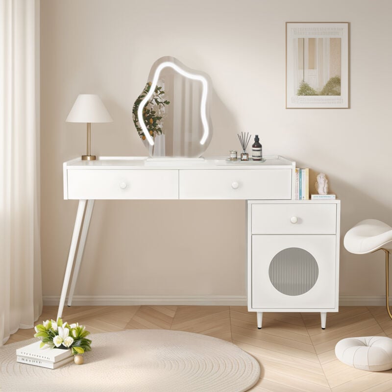 Coiffeuse avec miroir led, avec 3 tiroirs spacieux et une porte, sans tabouret, pour chambre à coucher, L100xH76.5xT40 cm, blanc