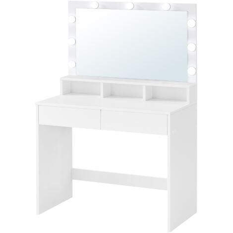 Coiffeuse, avec Miroir LED, avec Rangement, 2 Tiroirs et 3 Compartiments, Blanc