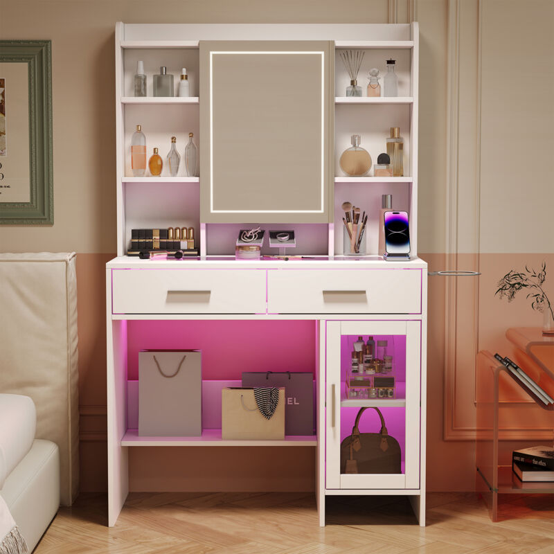 Coiffeuse avec miroir led, Coiffeuse Élegante – Table de Maquillage avec Verre Trempé et Éclairage LED Ajustable, Prise Électrique Intégrée