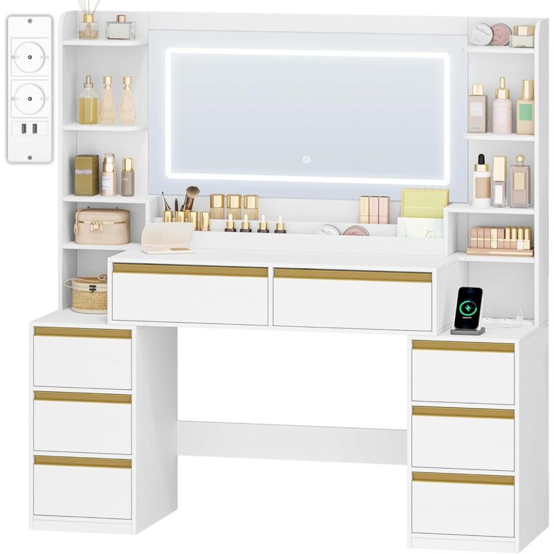 Coiffeuse avec Miroir, LED, Courant,Support pour Sèche-Cheveux