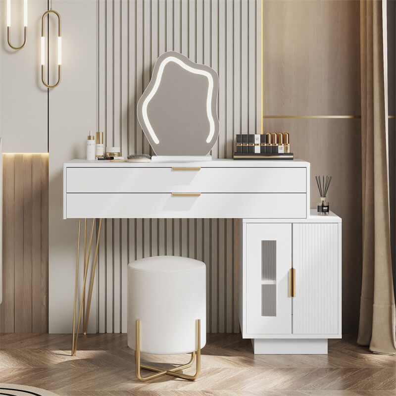 Fortuna Lai - Coiffeuse avec miroir led, design extensible, table de toilette avec 2 grands tiroirs et 2 portes, sans tabouret, L100xH78xT40 cm, blanc