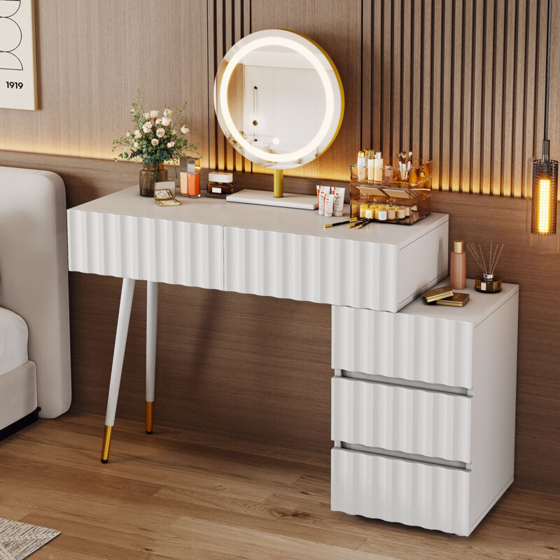 Coiffeuse avec miroir led et éclairage - avec 5 grands tiroirs, structure en métal, design moderne, 100 x 127 x 40 cm, Blanc - (sans tabouret)