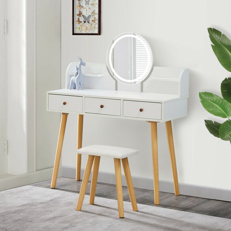 Clipop - Coiffeuse avec Miroir led et Tabouret,Table de Maquillage avec 3 tiroirs et Tabouret Rembourré,100 x 40 x 120 cm, Style Moderne, Blanc