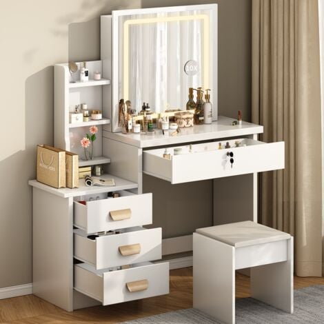 JANZDIYS avec 10 globes lumineux LED, 3 couleurs, coiffeuse avec prise et grand miroir, tabouret et support pour sèche-cheveux, coiffeuse à tiroirs multiples, blanc 85x40x140 cm