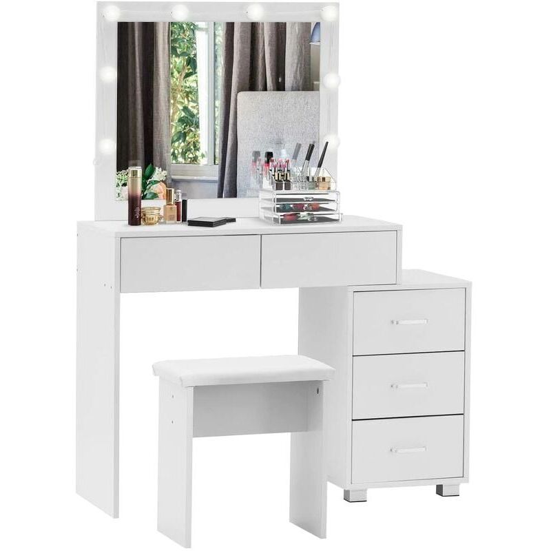 Vuszr - Coiffeuse avec Miroir led et Tabouret Table de Maquillage avec 5 Tiroirs pour Chambre Cosmétique Moderne, Blanc