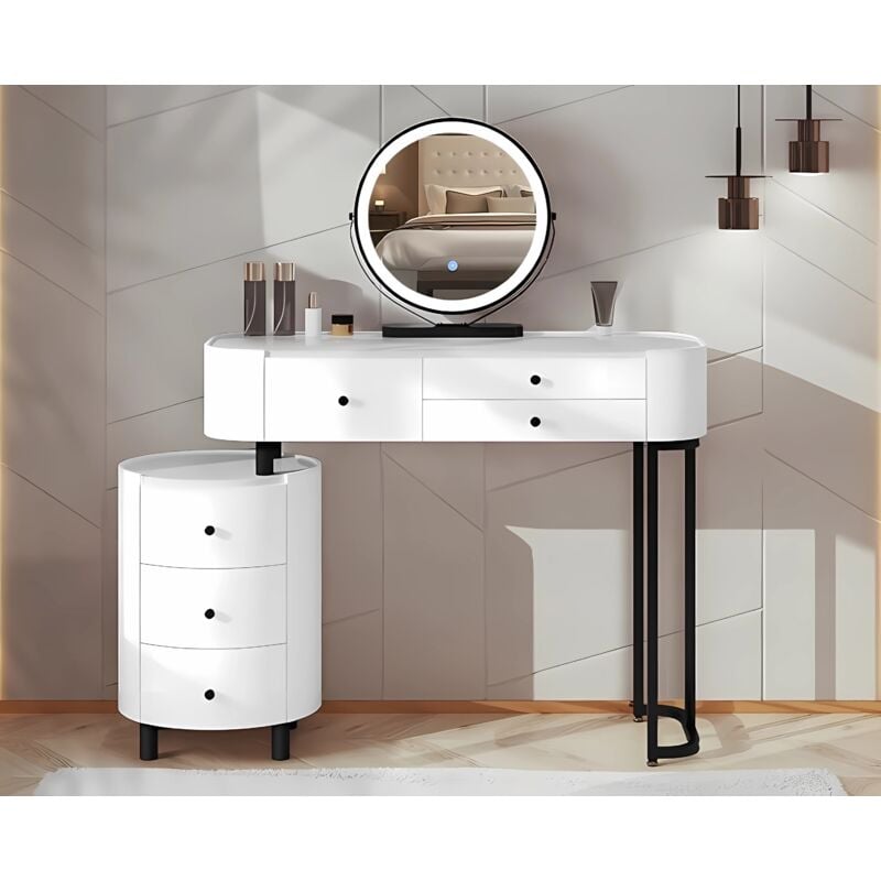 Woltu - Coiffeuse avec Miroir led, Luminosité Réglable Table de Maquillage, 3 Tiroirs en Bois Massif, 1 Armoire Latérale Flexible, Moderne, Blanc