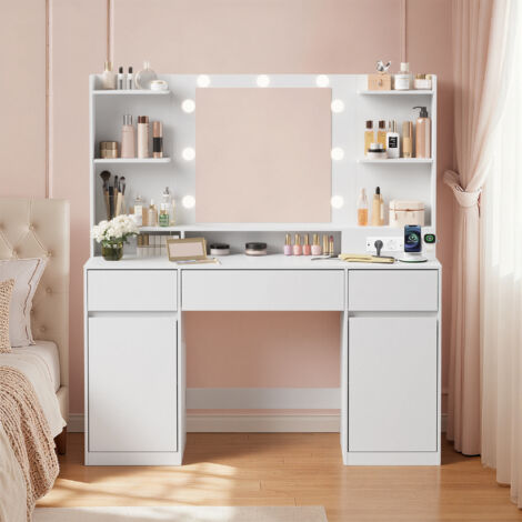 Coiffeuse avec Miroir LED, Multiprise, 2 Placards, 9 Ampoules, Éclairage 3 Couleurs, Blanc