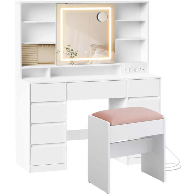 Coiffeuse avec Miroir LED, Multiprise, 9 Tiroirs, tabouret, Loupe 10x, Rangement Bijoux, Éclairage 3 Couleurs, Blanc Nuage