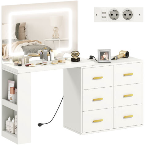 Coiffeuse avec miroir LED réglable, prises électriques, 6 tiroirs, 2 étagères ouvertes, blanche
