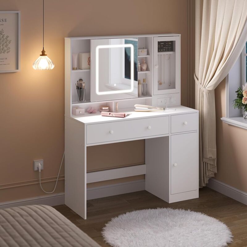 Woltu - Coiffeuse avec Miroir led Réglable Prise de Courant, Table de Maquillage 108x40x139 cm, avec Grands Tiroirs, Étagères de Rangement, Blanc