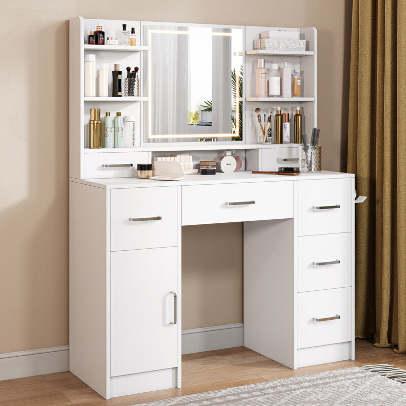 Coiffeuse avec Miroir LED – Table de Maquillage Moderne avec Éclairage Réglable, Ports de Recharge et Support Sèche-Cheveux