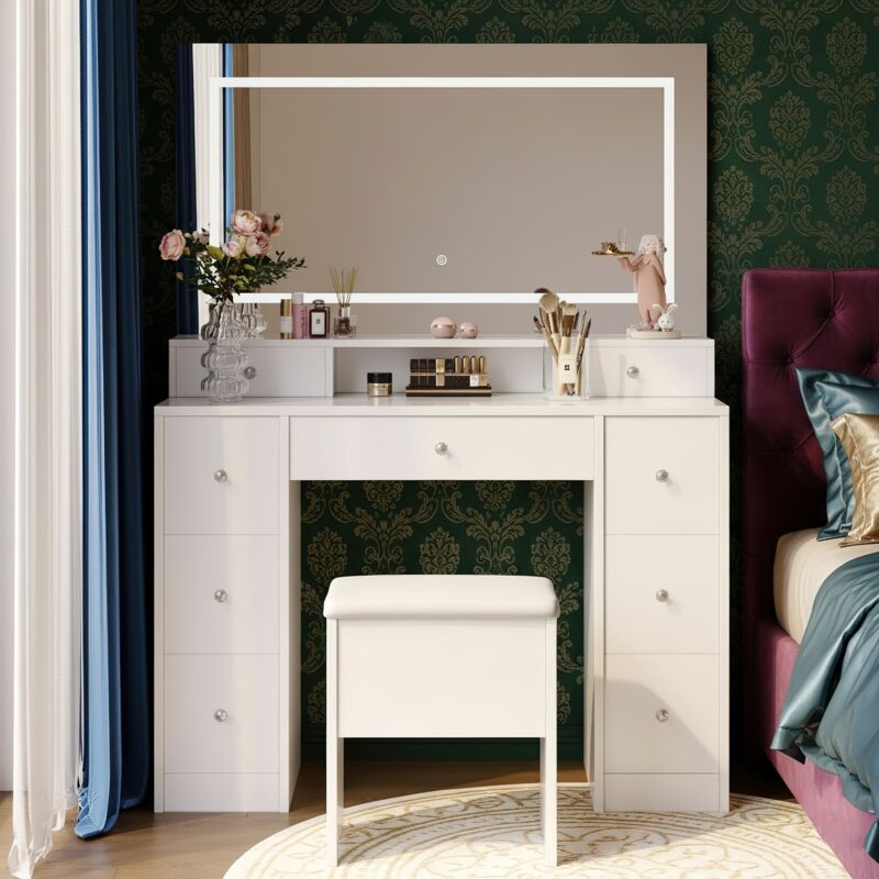 Nmonet – Coiffeuse blanche avec miroir LED tactile – 9 tiroirs de rangement – Design moderne et élégant – Tabouret inclus – Dimensions 110x40x150 cm