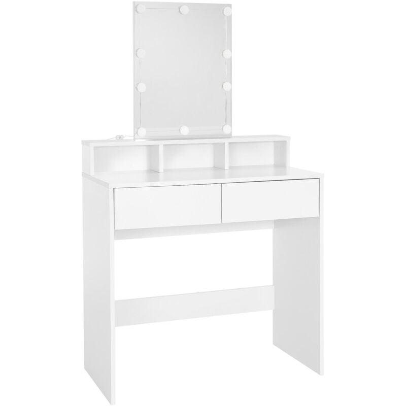 ML-Design Coiffeuse avec Éclairage LED et Tabouret, Blanc, 80x40x140 cm, avec Miroir, 2 Tiroirs, 2 Compartiments de Rangement Ouverts, et MDF, Table