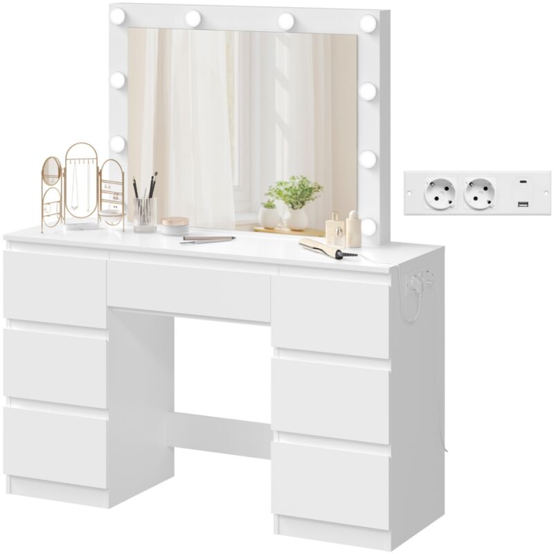 Woltu - Coiffeuse avec Miroir led Luminosité Réglable - Table de Maquillage avec Multiprise - 7 Tiroirs - 110x39,5x140,5 cm - Blanc