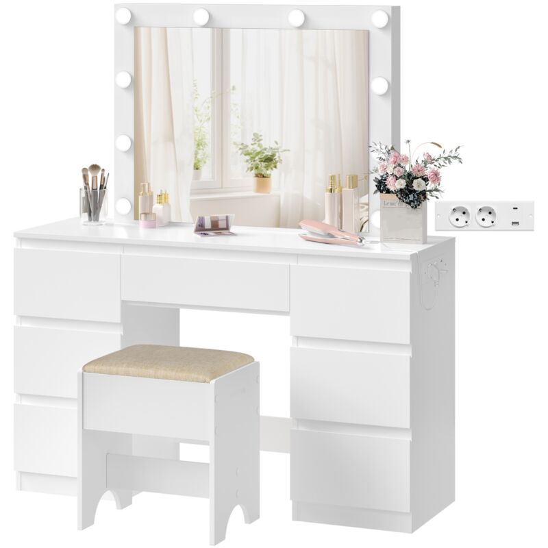 Coiffeuse avec Miroir led et Tabouret Woltu Table de Maquillage Luminosité Réglable, avec 7 Tiroirs, 110x39,5x140,5 cm, Blanc