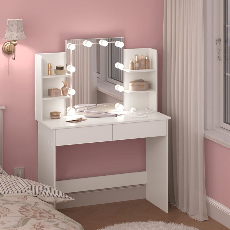 Woltu - Coiffeuse avec Miroir led Table de Maquillage avec Miroir, Coiffeuse avec 2 Tiroirs et 4 Étagères, Blanc, 90x135x40 cm