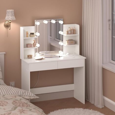 Coiffeuse avec Miroir LED WOLTU, Table de Maquillage avec Miroir, Coiffeuse avec 2 Tiroirs et 4 Étagères, Blanc, 90x135x40 cm