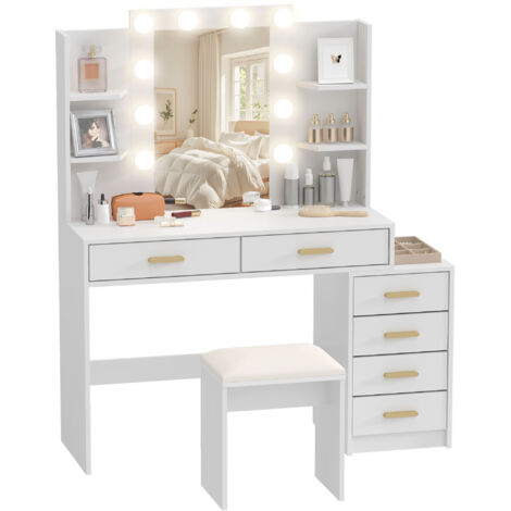 Coiffeuse avec miroir lumineux et tabouret rembourré, ensemble de maquillage à 6 tiroirs et étagères, blanc