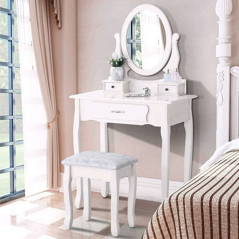 coiffeuse avec miroir ovale 360°, 3 tiroirs, coiffeuse rembourrée, style vintage, 75 x 40 x 136 cm, blanc - blanc