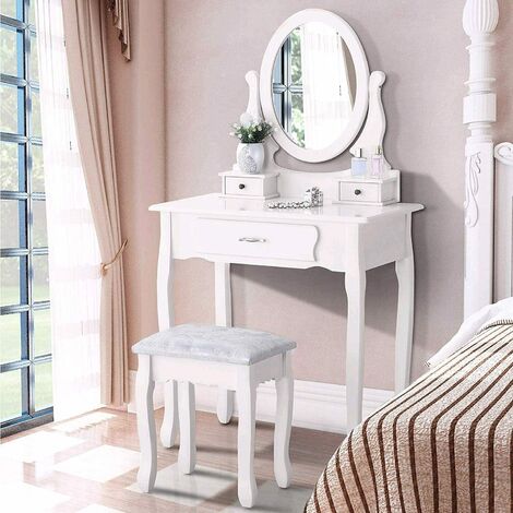 Coiffeuse avec miroir ovale 360°, tabouret en bois rembourré, 3 tiroirs, style vintage - 75 x 40 x 136 - Blanc