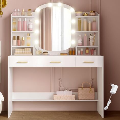 Coiffeuse avec Miroir Ovale, Coiffeuse avec Miroir LED à Luminosité Réglable, Table de Maquillage, 3 Tiroirs avec 6 Étagères Ouverts
