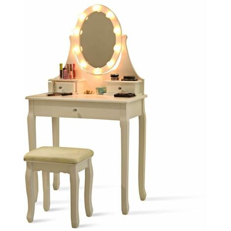 Coiffeuse avec Miroir Ovale Table de Maquillage avec Tabouret, Lumi?re LED en Forme de Rose Blanche 3 Tiroirs