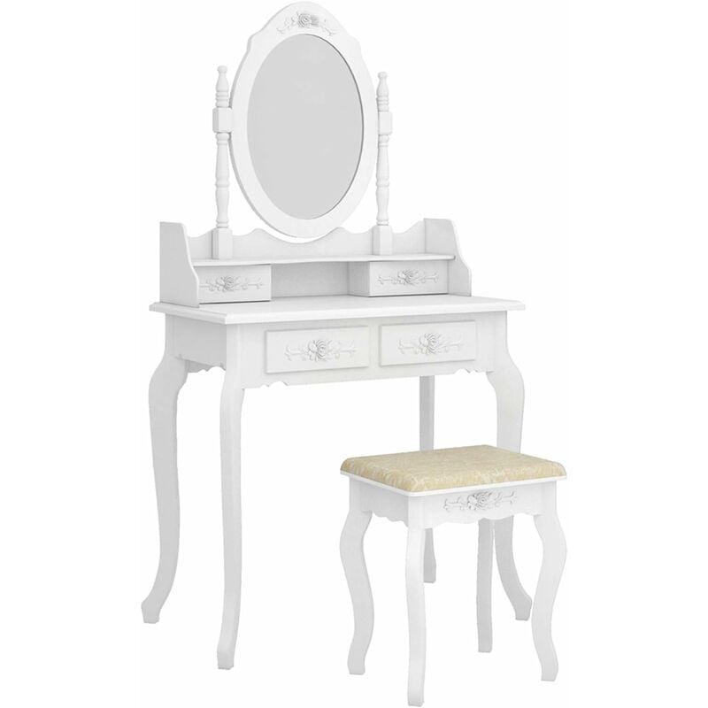 aiducho - coiffeuse avec miroir pivotant à 360°, un tabouret rembourré et 4 tiroirs,table de maquillage pour chambre à coucher, blanc, 75 x 40 x