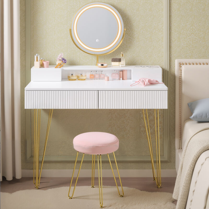 Coiffeuse avec Miroir Pivotant et Tabouret, Éclairage et Multiprise, Tabouret Rembourré, pour Chambre, Coiffeuse, Blanc et Doré