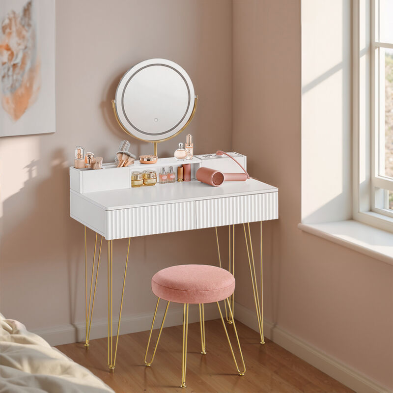 Coiffeuse avec Miroir Pivotant et Tabouret, Éclairage et Multiprise, Tabouret Rembourré, pour Chambre, Coiffeuse, Blanc et Doré